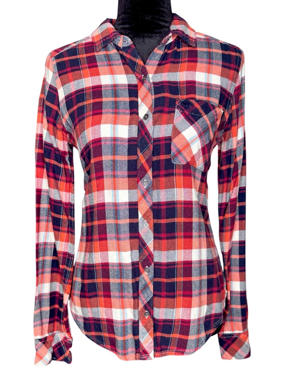 ABERCROMBIE & FITCH Orange Blue White Plaid Flannel Button Down Top Small